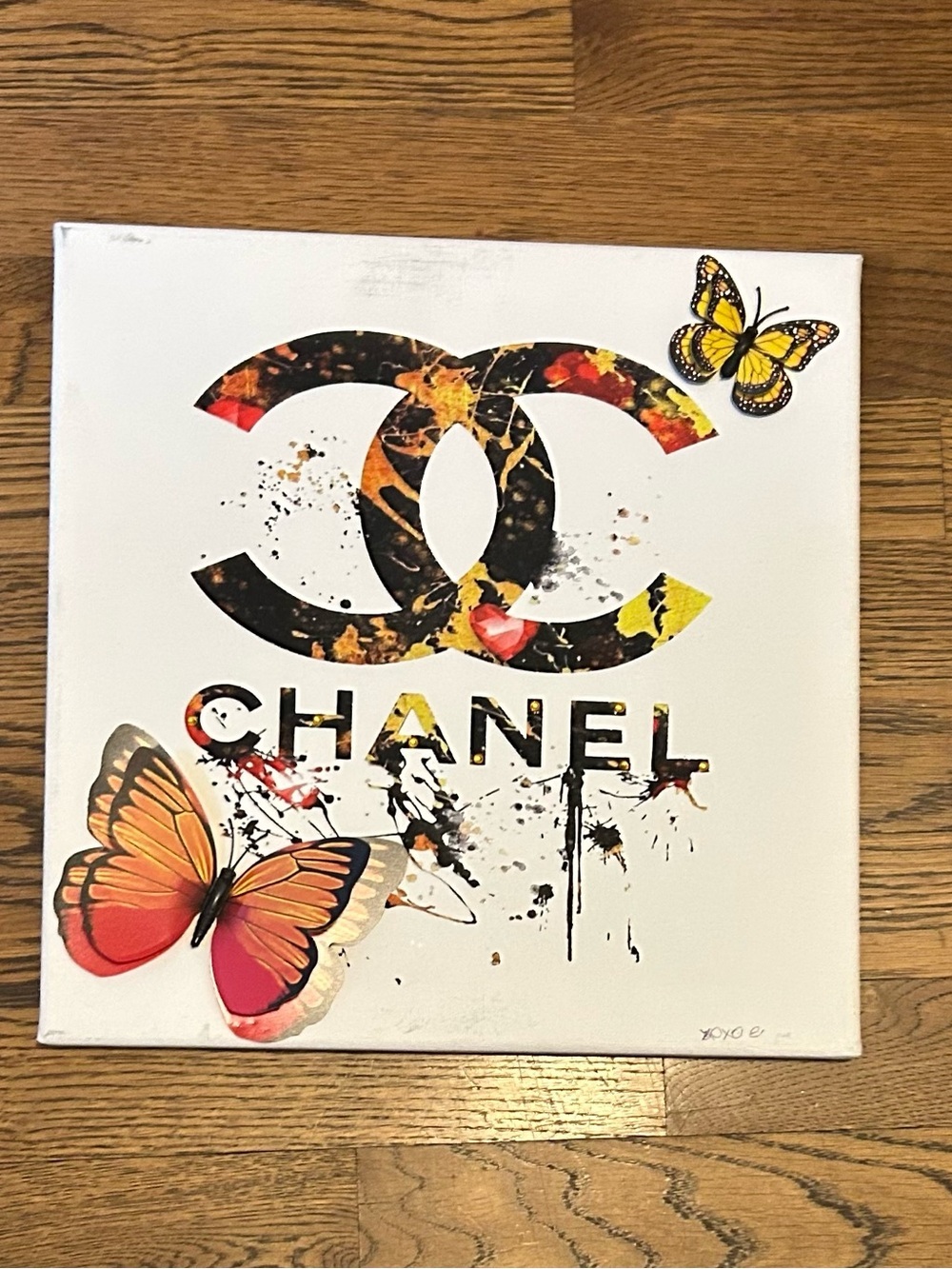 Designer White Canvas Logo Art with Orange and Yellow 3D Butterflies-xoxoE 0058